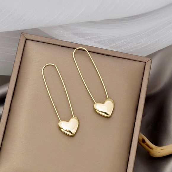 Jewelry - 14K Gold Plated Safety Pin Heart Earrings